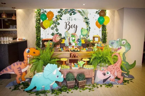 Miniatura 5 de Decoraciones de dinosaurio para baby shower para niño, telón de fondo de dibujos animados, cactus y hojas de eucalipto, fondo de fotografía