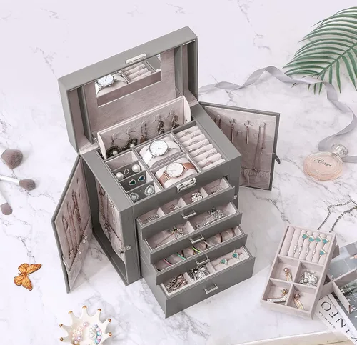 Miniatura 2 de BEWISHOME Joyero grande de 5 niveles organizador de joyas con espejo de cerradura para mujeres y niñas cajas de joyería para collares anillos aretes