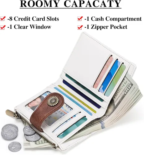 Miniatura 2 de FALAN MULE Billetera pequeña para mujer, plegable, con bloqueo RFID, portatarjetas de piel con bolsillo con cremallera para monedas Blanco/Marrón