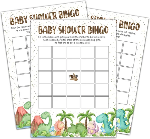 Juegos de baby shower para niños y niñas, juego de bingo de dinosaurio para baby shower, decoración de fiestas de revelación de género, tarjetas de
