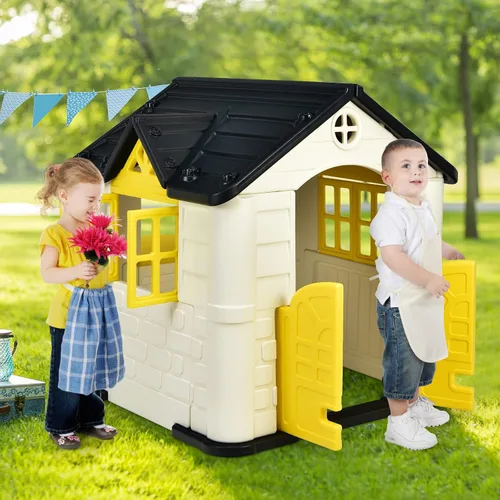 Miniatura 6 de Costzon Casa de juegos para niños, juegos de jardín al aire libre con puertas y ventanas de trabajo, casa de juguetes de simulación con mesa