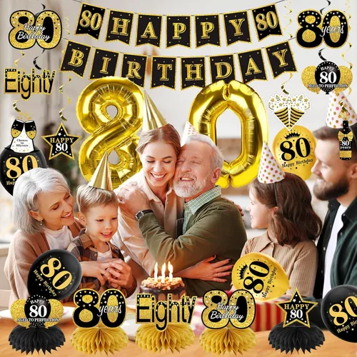 Miniatura 4 de Turypaty Kit de 36 decoraciones de cumpleaños número 80 para hombres y mujeres, globos de feliz cumpleaños de 80 años, globos de panal de abeja, Oro