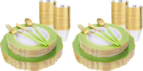 Miniatura 21 de WDF - Vajilla de plástico desechable para 30 invitados platos color oro y cubiertos color oro con mango blanco - Vajilla de plástico barroco blanco