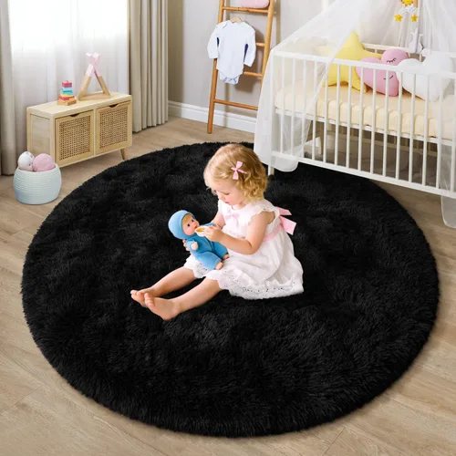 Miniatura 4 de EVOIONOS Alfombra Redonda Negra para Dormitorio, 4x4 Pies Alfombra de Área Circular Suave y Esponjosa para Sala de Estar, Alfombra Circular de Felpa