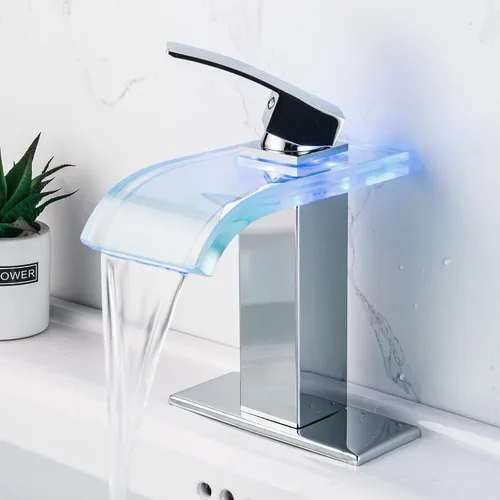 Grifo de Baño LED, Grifo de Lavabo de Baño Cascada Cromado, 1 Agujero, Centros de 4 Pulgadas, Luz LED de Control de Temperatura que Cambia de Color