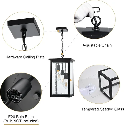 Miniatura 24 de TODOLUZ Lámpara Colgante de Exterior de 3 Luces Negra, Linterna Colgante Exterior Ajustable Luz de Porche