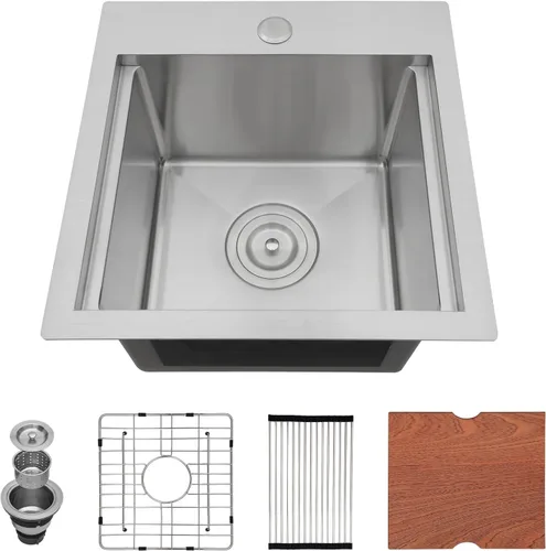 Miniatura 26 de Fregadero de cocina de 25 pulgadas, fregadero de un solo cuenco, color negro mate, calibre 18, 25 x 22 pulgadas, acero inoxidable, montaje superior
