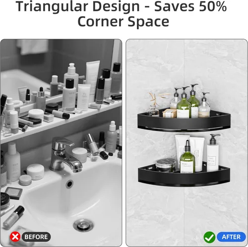 Miniatura 7 de Wisfame Carrito de Ducha Esquinero Negro - Estante de Ducha Triangular de Aluminio Resistente al Óxido - Instalación Sin Taladro y Con Taladro - 2