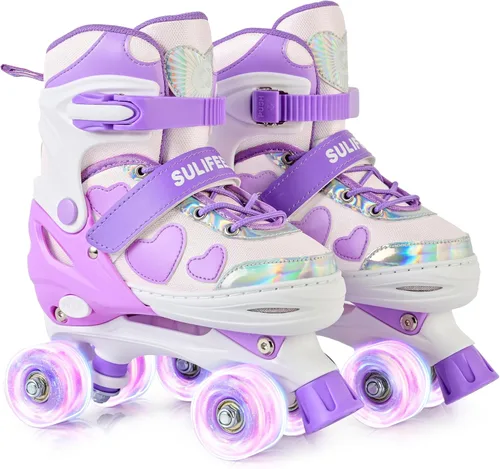 SULIFEEL - Patines ajustables de estilo tie-dye arcoíris para niñas y niños de 3 a 5 años, 5 a 8 años, 6 a 12 años, rosa y morado, con luces, con