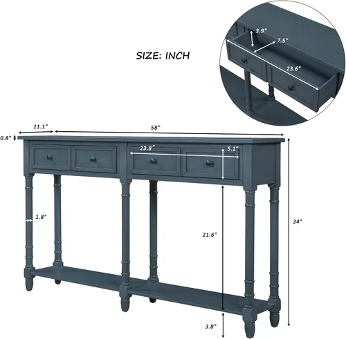 Miniatura 2 de P PURLOVE Mesa consola retro para sofá de entrada con cajones y estante mesa de sala (azul marino antiguo)