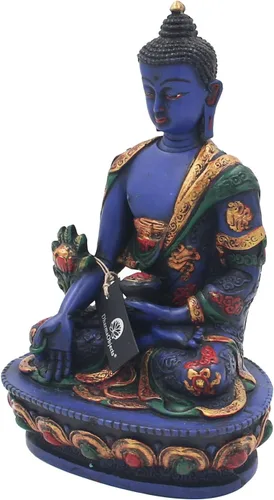 Miniatura 2 de DharmaObjects® Estatua de Buda de medicina curativa tibetana pintada a mano Nepal (7.5, Multi)