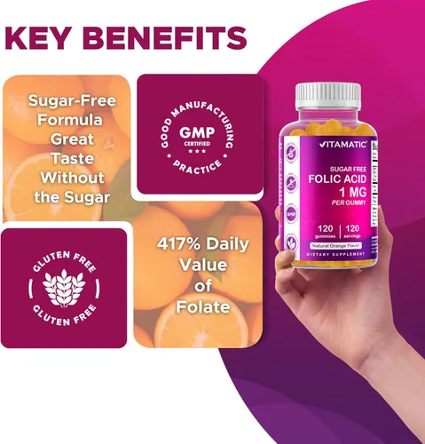Miniatura 5 de Vitamatic Gomitas de ácido fólico 1000 mcg (1 mg), vitaminas prenatales esenciales para mamá y bebé, gomitas veganas de vitamina B9-120 (2)