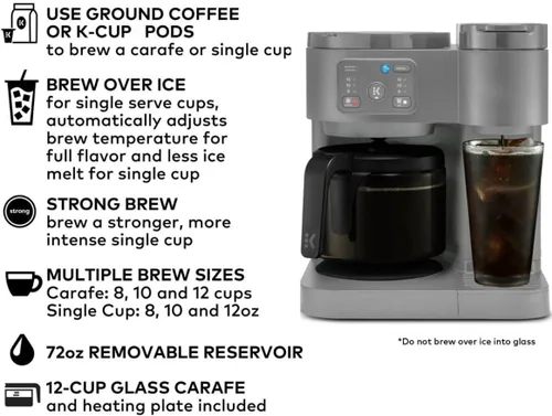 Miniatura 5 de K-Duo Essentials, cafetera de cápsulas de una sola porción para café caliente y helado y jarra, depósito de 72 Oz, múltiples tamaños de preparación