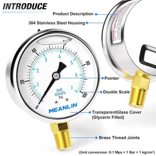 Miniatura 4 de MEANLIN MEASURE 0 ~ 100 psi, esfera de acero inoxidable de 1/4 de pulgada NPT de 2.5 pulgadas, calibre de presión relleno de líquido, montaje