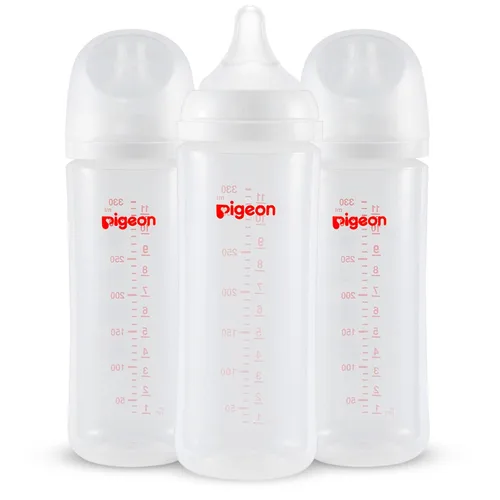 Botella de lactancia Pigeon PP de cuello ancho, anticólicos, cuerpo aerodinámico, sensación natural, fácil de limpiar, 11.2 Oz (Paquete de 3),