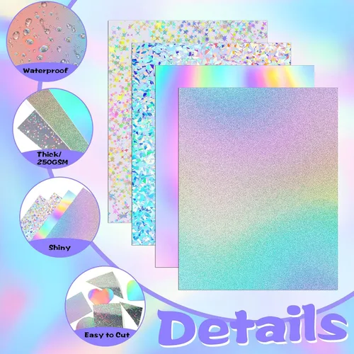 Miniatura 3 de 24 Hojas de Cartulina Holográfica 8.5 x 11, 250gsm/92lb Cartulina Metálica con Purpurina, Papel Espejo Iridescente Brillante, Cartulina Gruesa