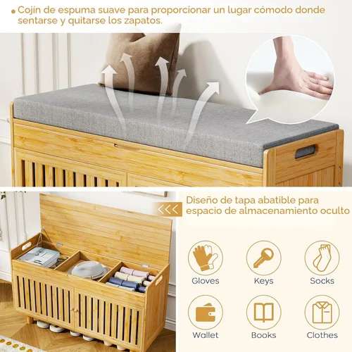 Miniatura 4 de Banco de almacenamiento de zapatos, banco de entrada de bambú con 2 puertas y cojín de asiento acolchado, 35.4" An x 12.6" Pr x 19.7" Al, zapatero