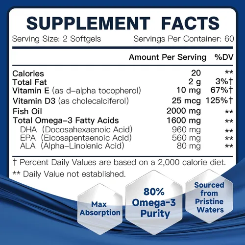 Miniatura 2 de Aceite de pescado omega-3 avanzado de 2000 mg de alta potencia con DHA, EPA, ALA apoya la salud del corazón, el cerebro, las articulaciones