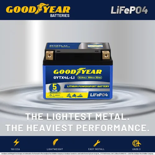 Miniatura 6 de Goodyear GYTX4L-LI LiFePO4 LiFePO4 12.8V 150CCA Batería recargable de alto rendimiento Powersport con reemplazo inteligente BMS para motocicleta