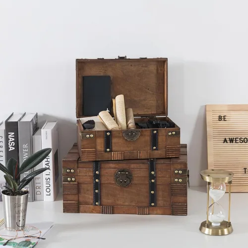 Miniatura 7 de Soul & Lane Cajas de madera con tapas con bisagras, juego de 2, baúles decorativos para almacenamiento y decoración del hogar, cofres del tesoro