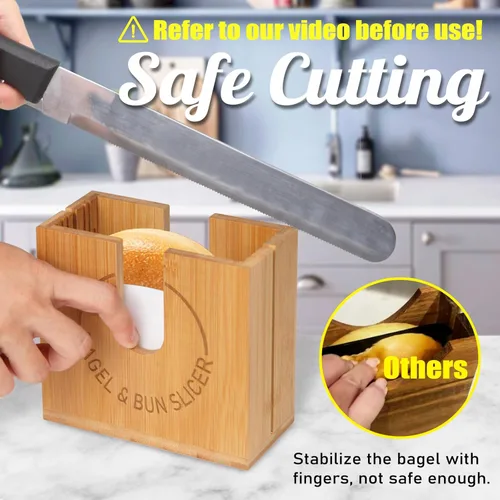 Miniatura 2 de Soporte grande ajustable para cortar bagel Soporte de corte de bagel de bambú con ranuras ajustables de ancho para bagels pequeños y grandes