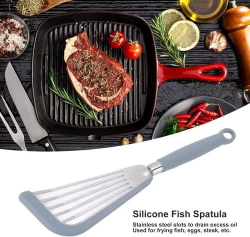 Miniatura 4 de Espátula de silicona de acero inoxidable con ranuras, espátula de cocina antiadherente para huevos, panqueques, pescados, hamburguesas (gris)