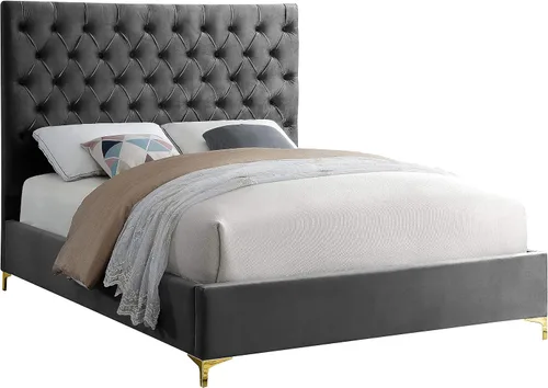Miniatura 15 de Meridian Furniture Colección moderna Cruz Cama tapizada de terciopelo contemporánea con acolchonamiento de botones profundos y juegos completos