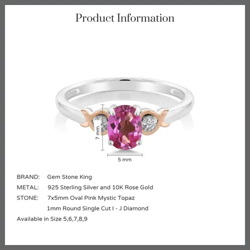 Miniatura 35 de Gem Stone King Anillo de compromiso de plata de ley 925 y oro rosa de 10 quilates, piedra preciosa ovalada de 0.276 x 0.197 in, con acento