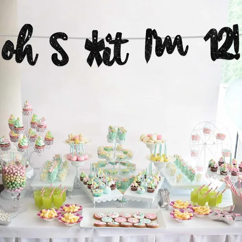 Miniatura 6 de Oh I'm 12! - Pancarta de fondo con purpurina negra de Hallo Doce Saludos a los 12 años de edad, decoración temática para niños y niñas, fiesta