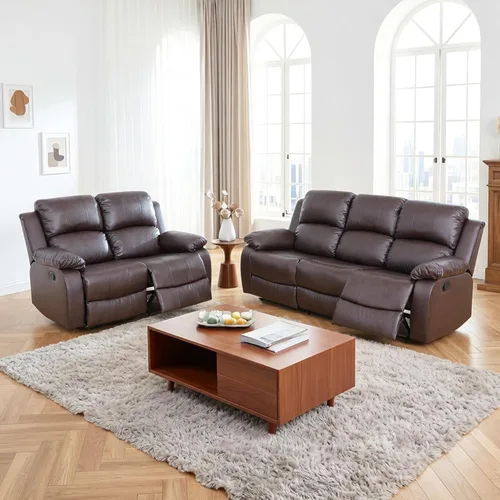 Miniatura 16 de Faux Leather Manual Recliner Sofa Set, 3 Piece Living Room Furniture Set, Loveseat Reclining Couch and 2 Recliner Chairs for RV Home Theater (Black)