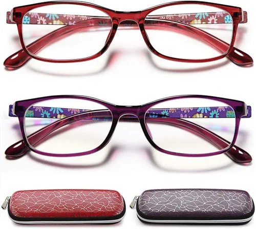 EYEURL Gafas de lectura para mujer, con bloqueo de luz azul, juego de 2 patrones con diseño de valor para lectura (púrpura/rojo, 1.5)