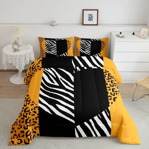 Miniatura 38 de Juego de edredón Manfei Leopardo Rosa Tamaño Individual, Juego de ropa de cama con estampado de cebra negro y blanco 2 piezas para decoración