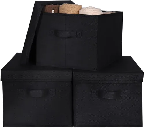 Miniatura 13 de WUIKE - Cajas de almacenamiento plegables con tapas, cajas de almacenamiento con asas, organizador para estante de armario, cestas de almacenamiento