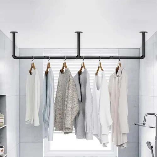 Miniatura 2 de Barra Industrial de Tubo de Hierro para Colgar Ropa DIY Perchero de Pared para Ropa Resistente para Dormitorio, Cuarto de Lavandería, Almacenamiento