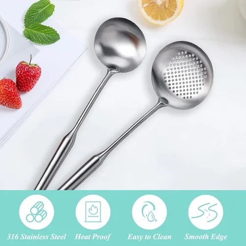 Miniatura 2 de Juego de 2 cucharones de sopa y cuchara ranurada, cucharones de cocina de acero inoxidable 316 de metal para colar alimentos, cucharón de cocina