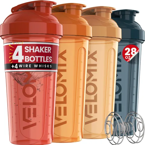 Miniatura 11 de VELOMIX -4 Pack- 28 oz Protein Shaker Bottles for Protein Mixes - 4x Wire Whisk Leak Proof Shaker Cups for Protein Shakes Stackable Protein