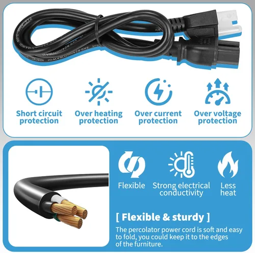 Miniatura 6 de HASMX Cable de alimentación percolador de 3 clavijas de 36 pulgadas para percolador Hamilton Beach modelo 40616, pieza de repuesto para cafetera