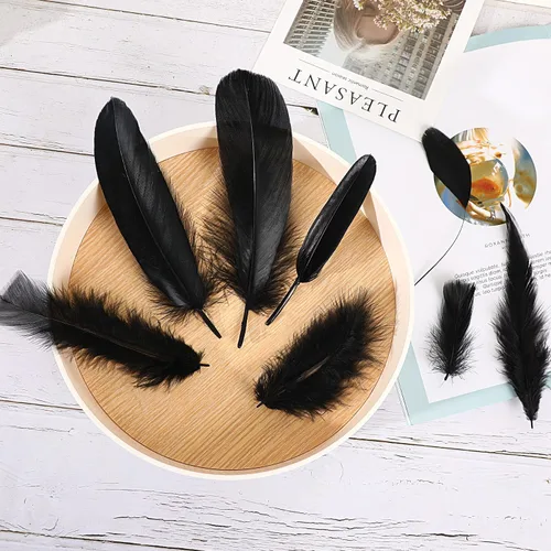 Miniatura 2 de MARFOREVER 320 plumas negras de Halloween a granel, 8 estilos surtidos de plumas naturales mixtas, plumas de ganso negro para manualidades