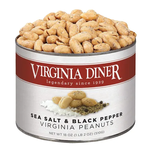 Virginia Diner Cacahuetes de Virginia Sazonados con Sal Marina y Pimienta Tostados al Blister Completamente Naturales, Nueces Gourmet en Lata Salt &