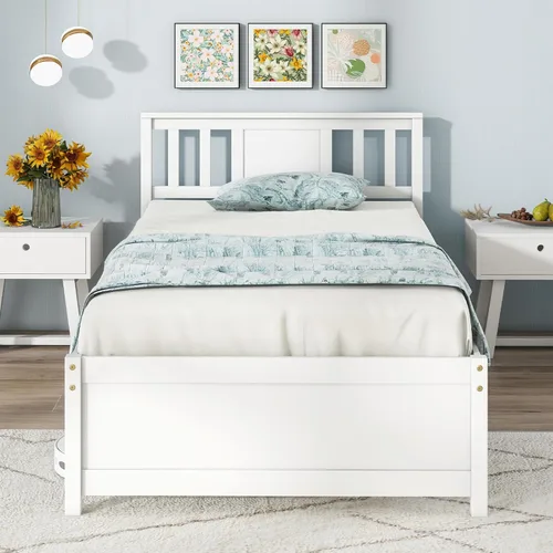 Miniatura 17 de Giantex Marco de cama de plataforma de madera maciza de tamaño matrimonial, marco de cama matrimonial de mediados de siglo con cabecero, soporte