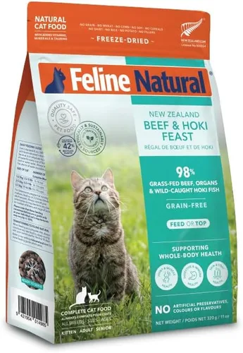 Miniatura 7 de Alimento para gatos seco de alta proteína de Feline Natural, dieta liofilizada con 98% de carne, órganos y mariscos, sin guisantes, granos