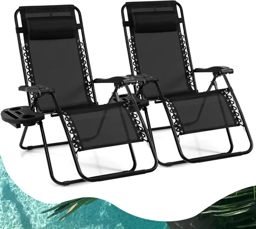 Miniatura 23 de Goplus Sillas de salón Zero Gravity, reclinables plegables ajustables en 160° con almohada y soporte para tazas, cómodas sillas de descanso de 350