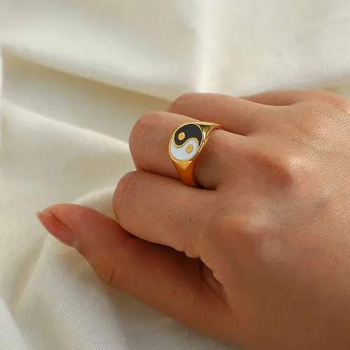 Miniatura 4 de Yin and Yang - Anillo de banda para mujeres, hombres, parejas, hipoalergénico de acero inoxidable chapado en oro de 18 quilates, Tai Chi, equilibrio