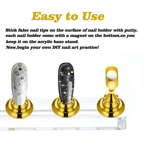 Miniatura 5 de Juego de 2 soportes de práctica de uñas acrílicas, soporte magnético para exhibición de uñas, herramienta de manicura con masilla adhesiva