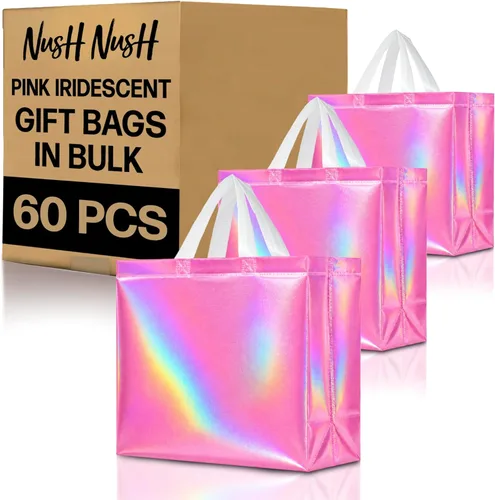 Nush Nush Bolsas de regalo grandes de color rosa iridiscente a granel, juego de 60 bolsas de regalo holográficas rosas con asas, para pequeñas Rosa