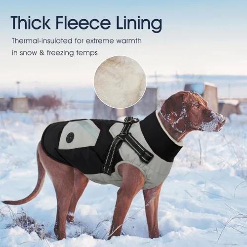 Miniatura 6 de IECOii Chaqueta para perro con arnés de invierno integrado, color negro, XXXL, abrigo de perro con cremallera, ropa de invierno para perros grandes