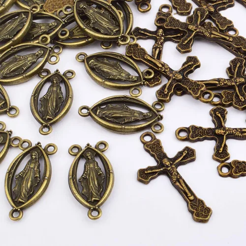 Miniatura 4 de 40 piezas de rosario de aleación tibetana con cruz y centro de María Milagrosa Medalla Jesús Crucifijo Crucifijo y eslabones ovalados de araña