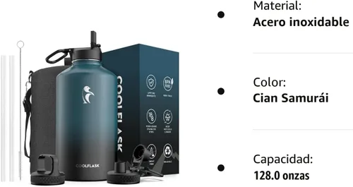 Miniatura 8 de Coolflask Botella de agua de 20 onzas aislada con pajilla, 3 tapas de metal de acero inoxidable, botella de agua de boca ancha para deportes u