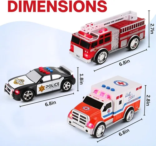 Miniatura 5 de Juego de vehículos de emergencia de juguete para niños con luces y sonidos (camión de bomberos, automóvil de policía y ambulancia) 3 en 1