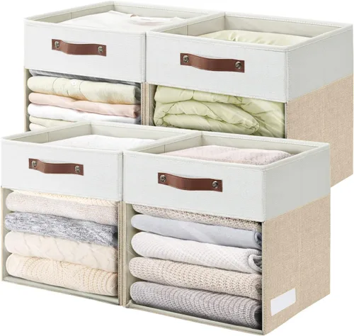 Bagnizer Cubos de Almacenamiento, Paquete de 4 Contenedores de Almacenamiento Plegables de Lino (13 x 13 pulgadas) con Ventana Transparente y Asas,